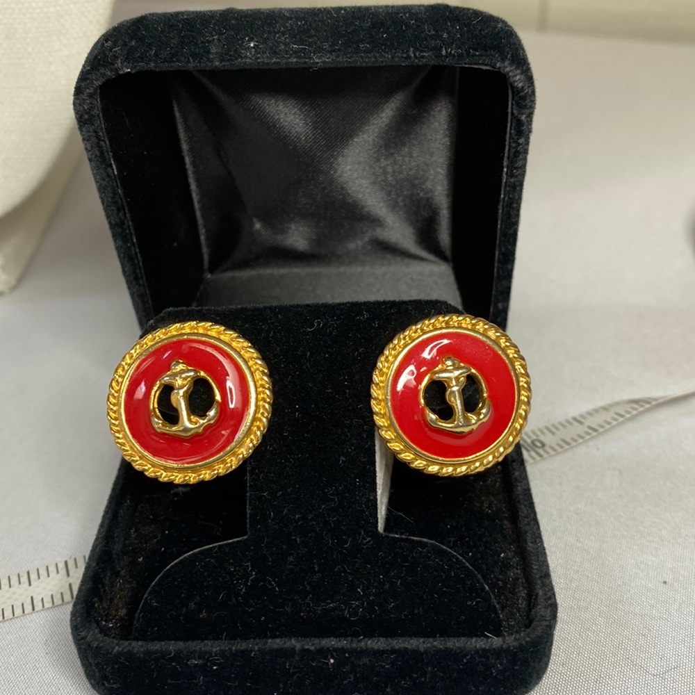 Vintage nautical style red Goldtone anchor earrings